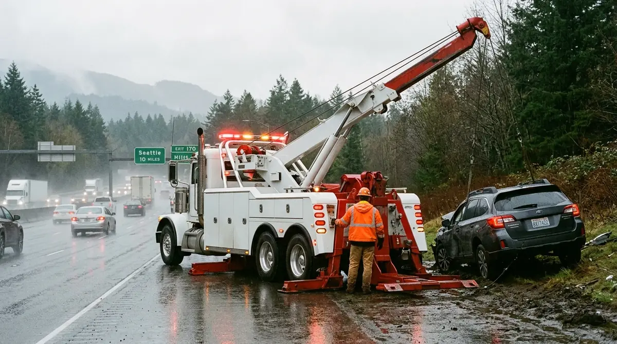 Heavy duty recovery wrecker tow truck clearing roadside vehicle on SR-512 in Pierce County WA