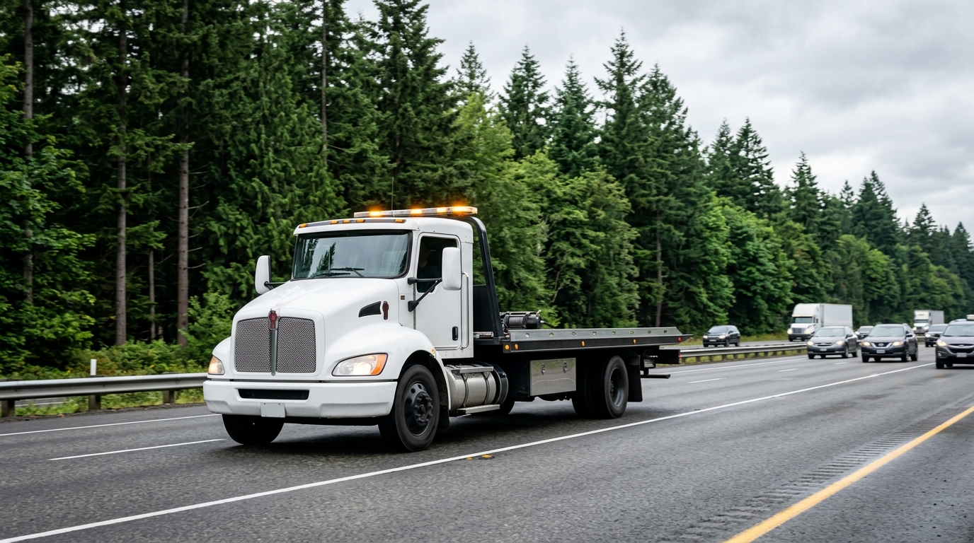 Puyallup Towing & Recovery commercial flatbed rollback tow truck driving in Puyallup Washington